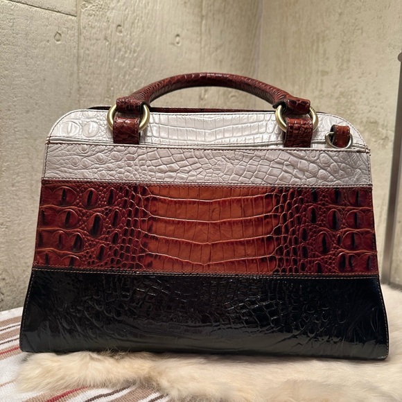 Brahmin White, Brown, and Black Crocodile-Embossed Satchel - Picture 7 of 12